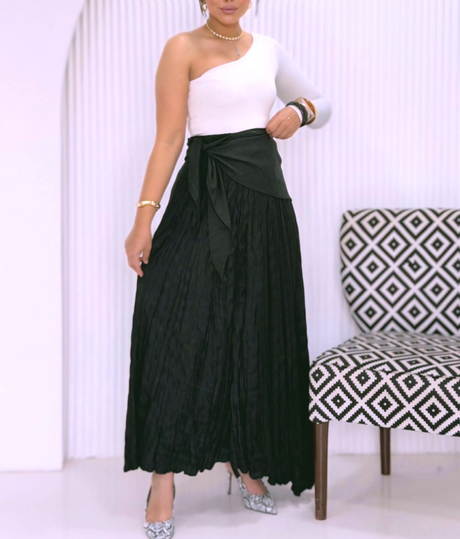 Linen Crinkle Wrap Skirt Set